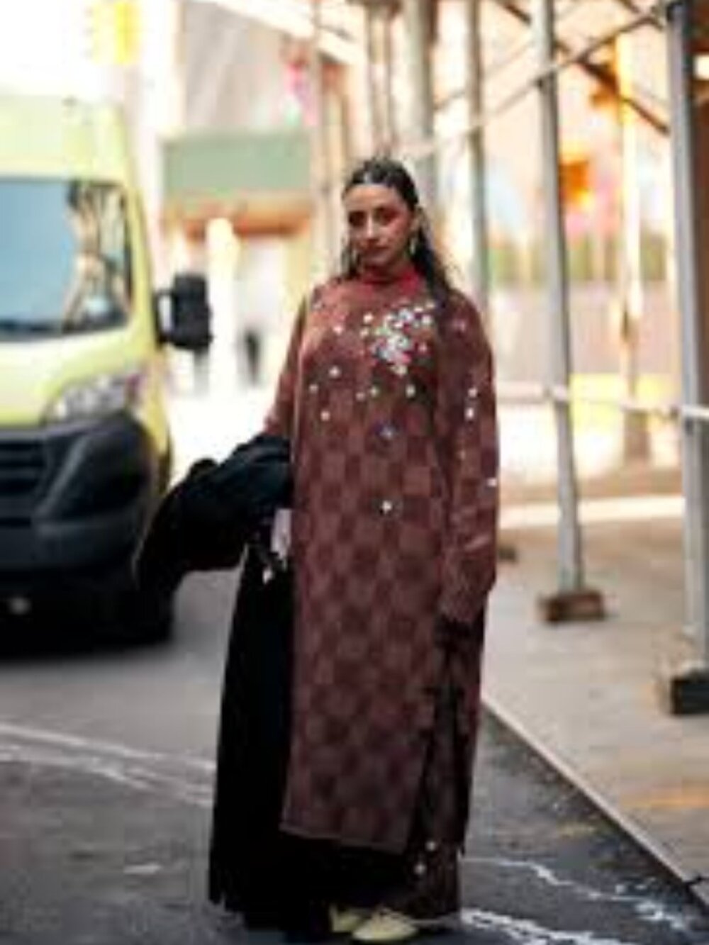 YanYan Brown Checkered Maxi Sweater Dress with Colorful Flower Embellishments XL